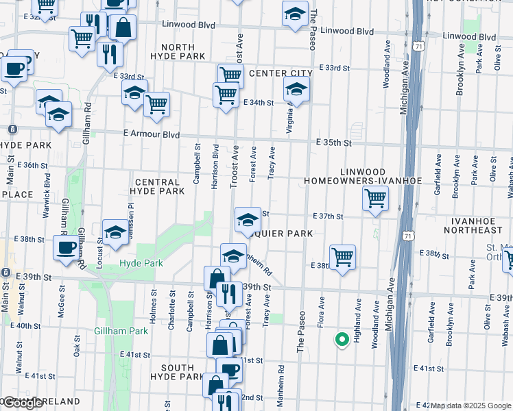 map of restaurants, bars, coffee shops, grocery stores, and more near 3639 Forest Avenue in Kansas City