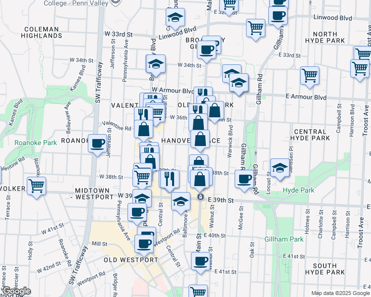 map of restaurants, bars, coffee shops, grocery stores, and more near 3701 Baltimore Avenue in Kansas City