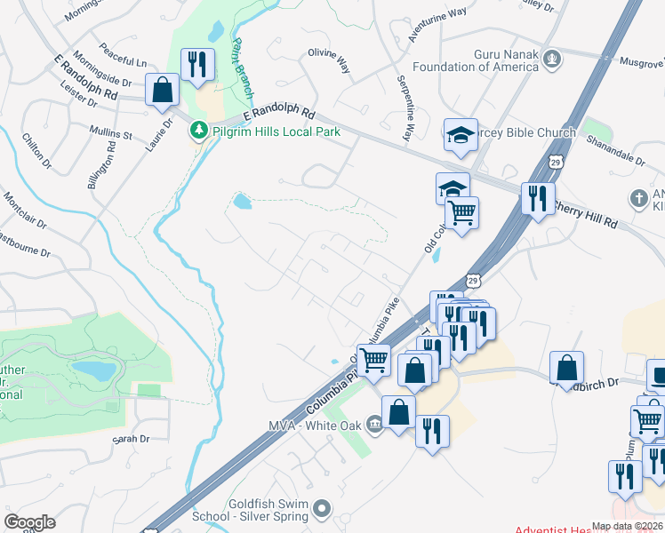 map of restaurants, bars, coffee shops, grocery stores, and more near 1728 Featherwood Street in Silver Spring