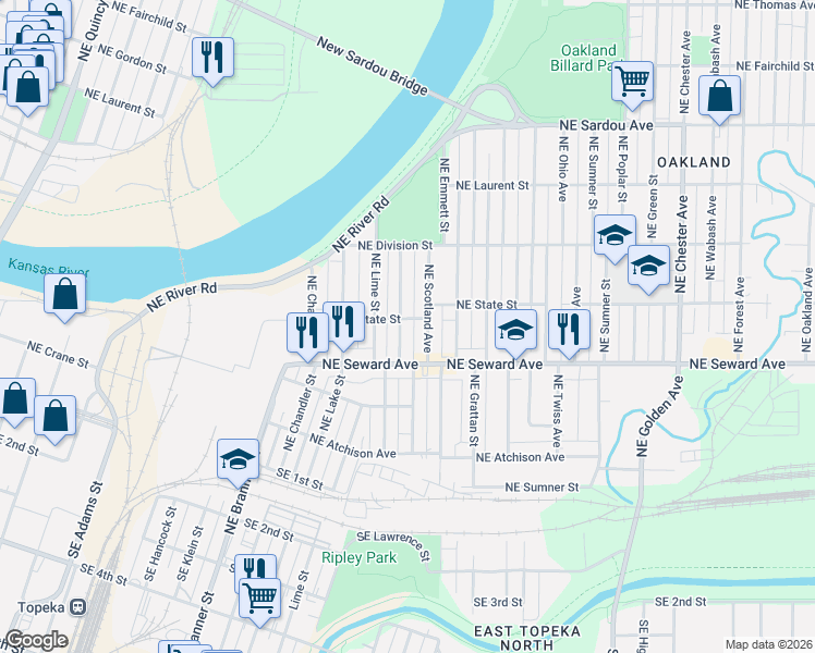 map of restaurants, bars, coffee shops, grocery stores, and more near 432 Northeast Wilson Avenue in Topeka