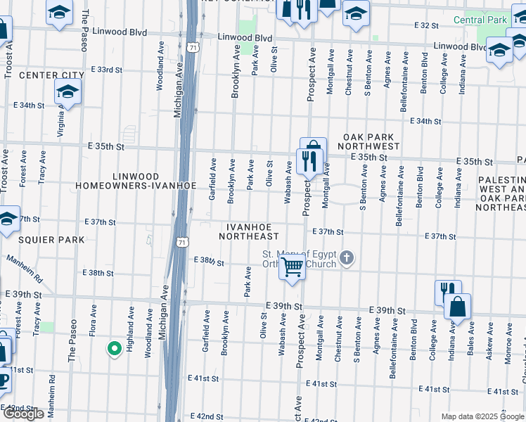 map of restaurants, bars, coffee shops, grocery stores, and more near 3631 Olive Street in Kansas City