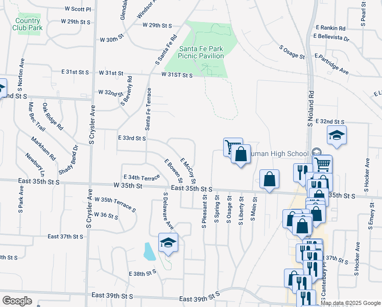 map of restaurants, bars, coffee shops, grocery stores, and more near 12913 E 33rd Street South in Independence