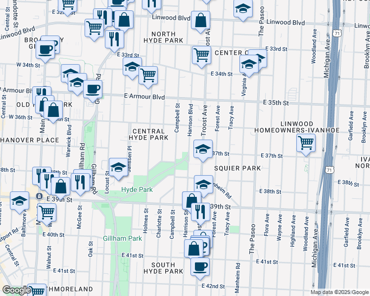 map of restaurants, bars, coffee shops, grocery stores, and more near 3640 Harrison Boulevard in Kansas City