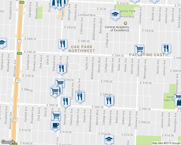 map of restaurants, bars, coffee shops, grocery stores, and more near 3616 Bellefontaine Avenue in Kansas City