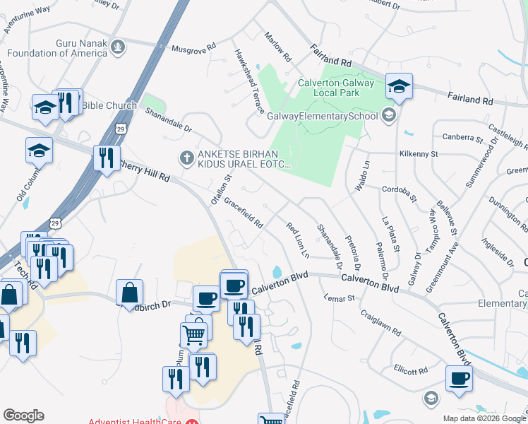 map of restaurants, bars, coffee shops, grocery stores, and more near 2809 Red Lion Lane in Silver Spring