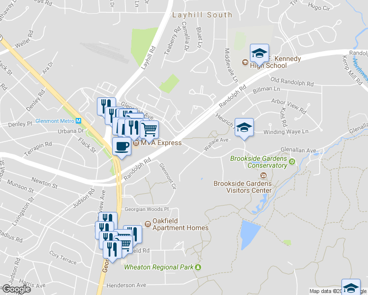 map of restaurants, bars, coffee shops, grocery stores, and more near 2012 Glenallan Avenue in Silver Spring