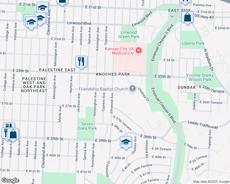 map of restaurants, bars, coffee shops, grocery stores, and more near 3601 Elmwood Avenue in Kansas City