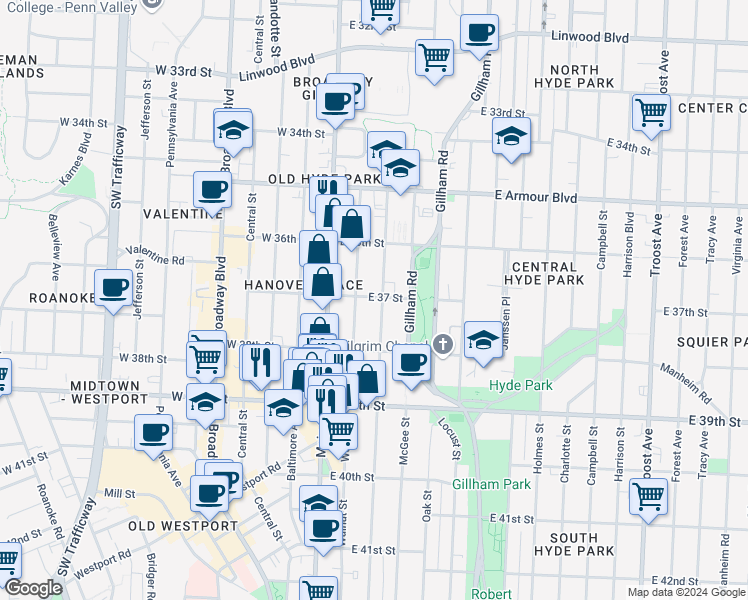 map of restaurants, bars, coffee shops, grocery stores, and more near 3702 East 37th Street in Kansas City