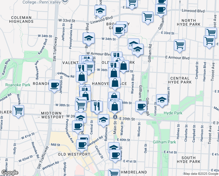 map of restaurants, bars, coffee shops, grocery stores, and more near 3701 Baltimore Avenue in Kansas City