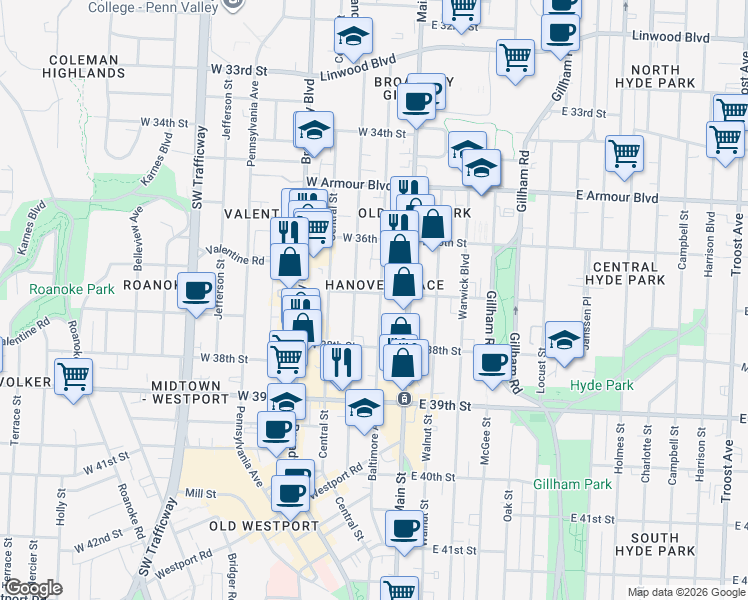 map of restaurants, bars, coffee shops, grocery stores, and more near 3701 Baltimore Avenue in Kansas City