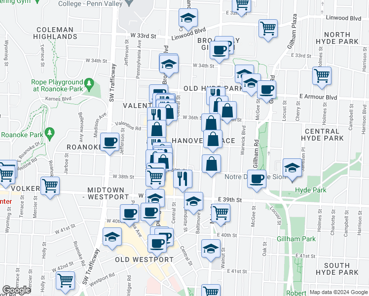 map of restaurants, bars, coffee shops, grocery stores, and more near 219 West 37th Street in Kansas City