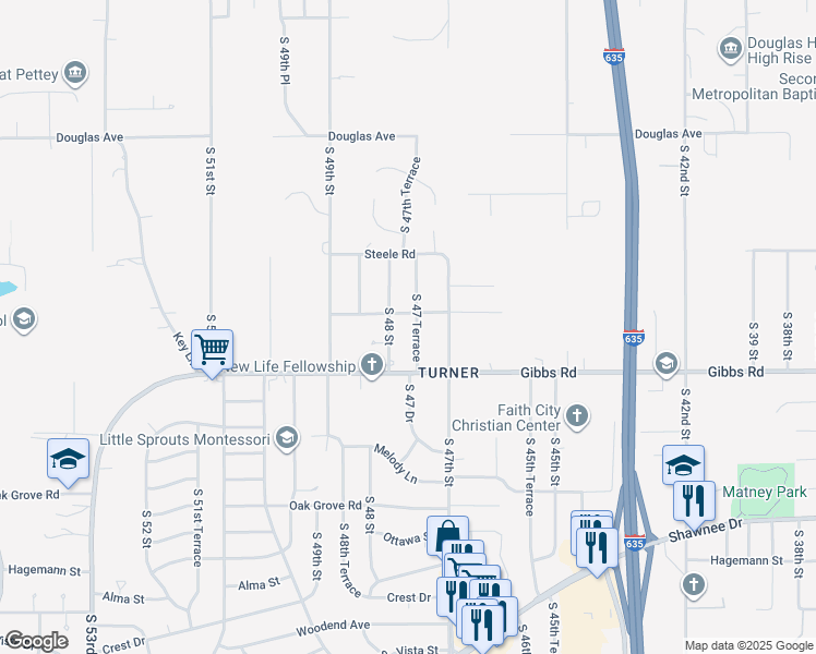 map of restaurants, bars, coffee shops, grocery stores, and more near 2215 South 47 Terrace in Kansas City