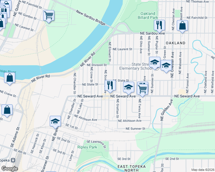 map of restaurants, bars, coffee shops, grocery stores, and more near 432 Northeast Scotland Avenue in Topeka