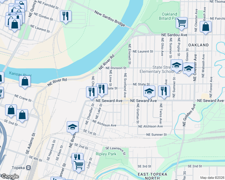 map of restaurants, bars, coffee shops, grocery stores, and more near 427 Northeast Lime Street in Topeka