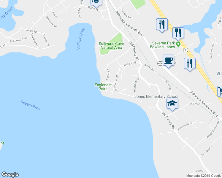 map of restaurants, bars, coffee shops, grocery stores, and more near 5 Luna Lane in Severna Park