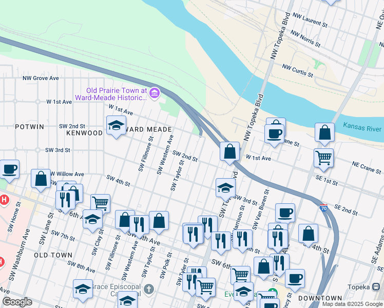 map of restaurants, bars, coffee shops, grocery stores, and more near 712 Southwest 2nd Street in Topeka