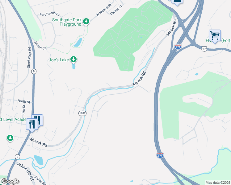 map of restaurants, bars, coffee shops, grocery stores, and more near 54 Woodland Hills Drive in Southgate