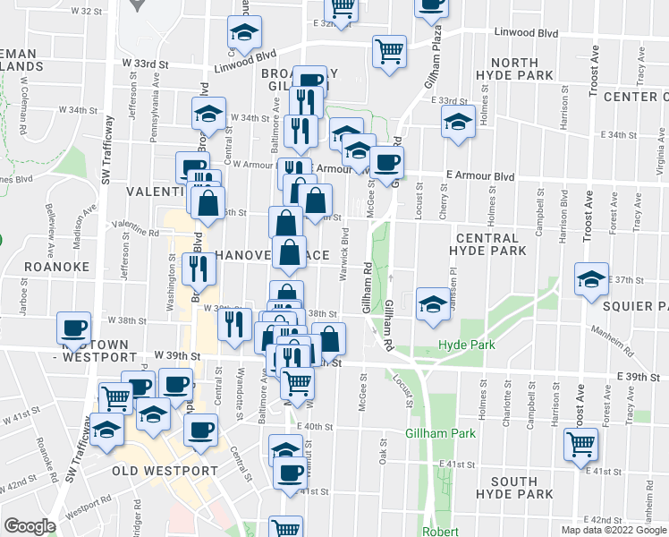 map of restaurants, bars, coffee shops, grocery stores, and more near 3702 East 37th Street in Kansas City