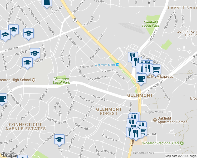 map of restaurants, bars, coffee shops, grocery stores, and more near 2716 Terrapin Road in Silver Spring