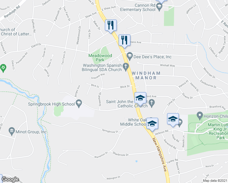 map of restaurants, bars, coffee shops, grocery stores, and more near 517 Blick Drive in Silver Spring
