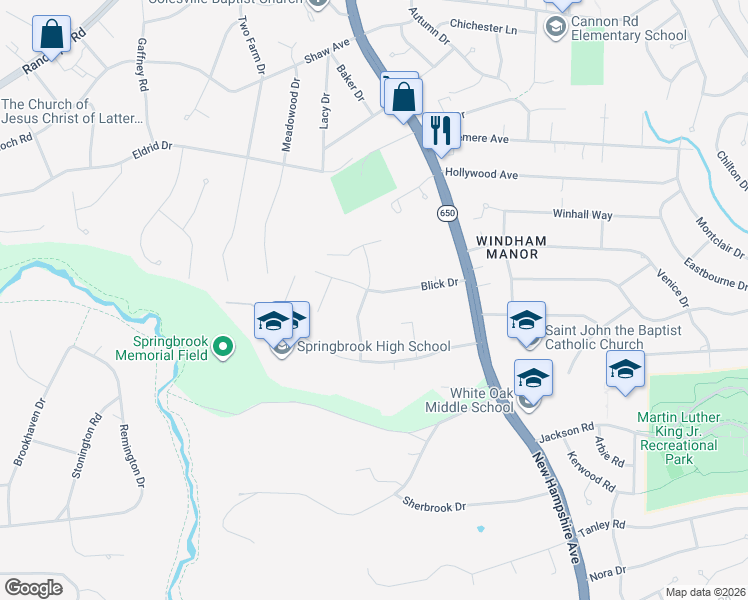 map of restaurants, bars, coffee shops, grocery stores, and more near 501 Blick Drive in Silver Spring