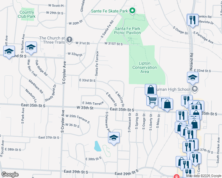 map of restaurants, bars, coffee shops, grocery stores, and more near 12801 East McCoy Street in Independence