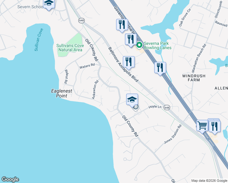map of restaurants, bars, coffee shops, grocery stores, and more near 3 Edgewater Lane in Severna Park