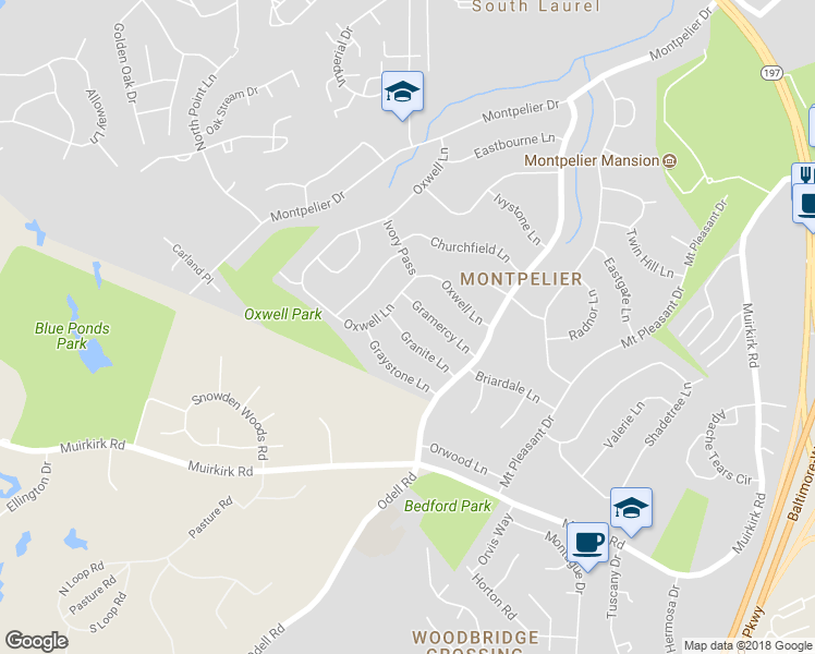 map of restaurants, bars, coffee shops, grocery stores, and more near 8704 Granite Lane in Laurel