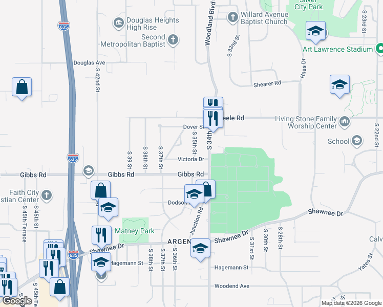 map of restaurants, bars, coffee shops, grocery stores, and more near 2212 South 35th Street in Kansas City