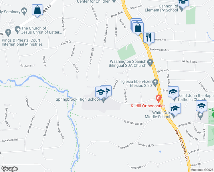 map of restaurants, bars, coffee shops, grocery stores, and more near 12409 Borges Avenue in Silver Spring