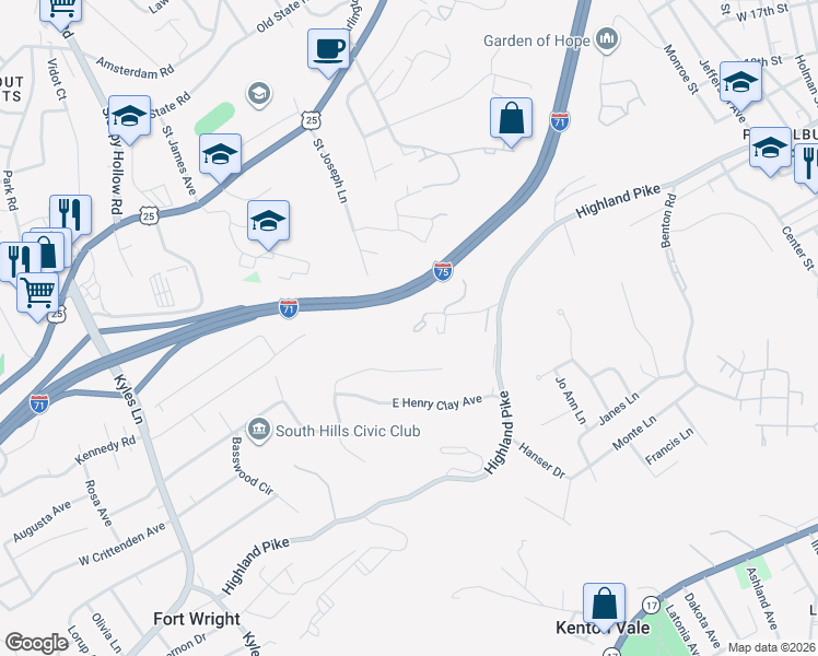 map of restaurants, bars, coffee shops, grocery stores, and more near 1046 Emery Drive in Fort Wright