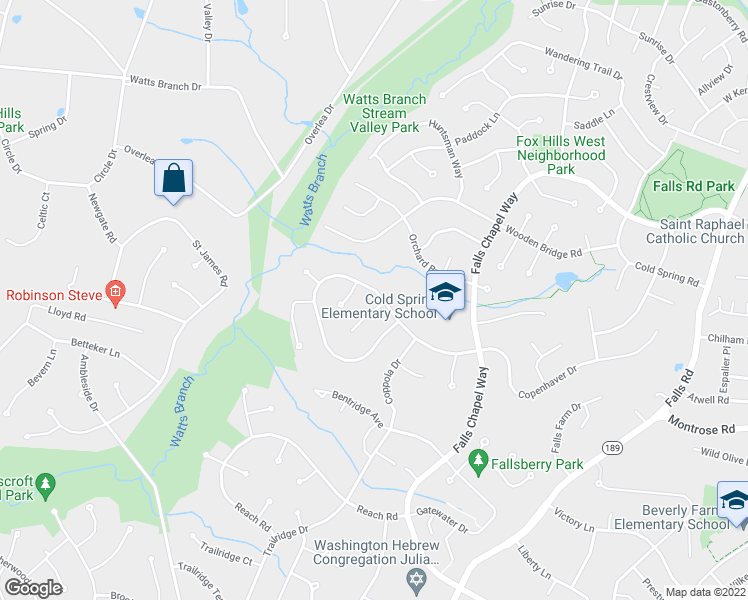 map of restaurants, bars, coffee shops, grocery stores, and more near 9312 Copenhaver Drive in Rockville