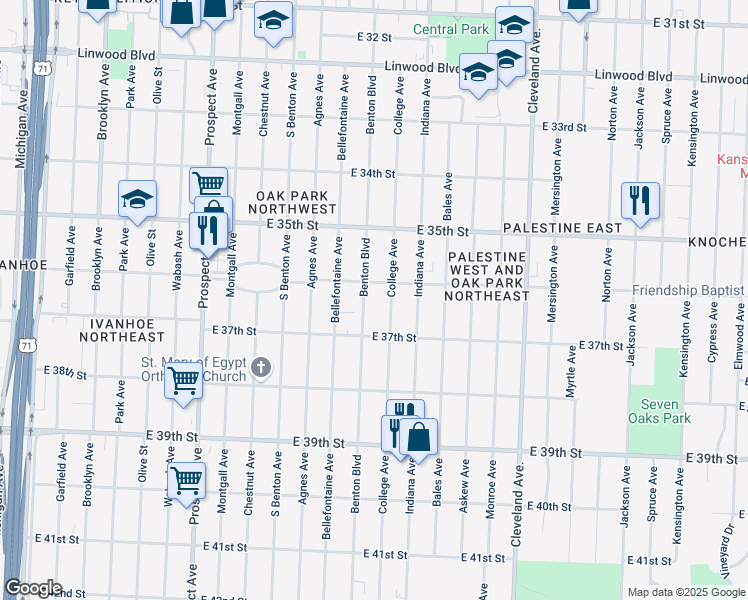 map of restaurants, bars, coffee shops, grocery stores, and more near 3615 Benton Boulevard in Kansas City