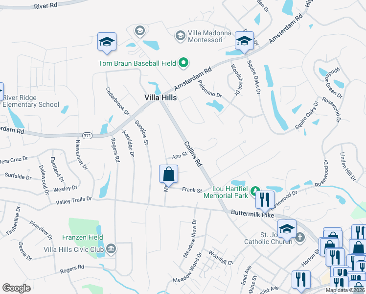 map of restaurants, bars, coffee shops, grocery stores, and more near 905 Collins Road in Villa Hills