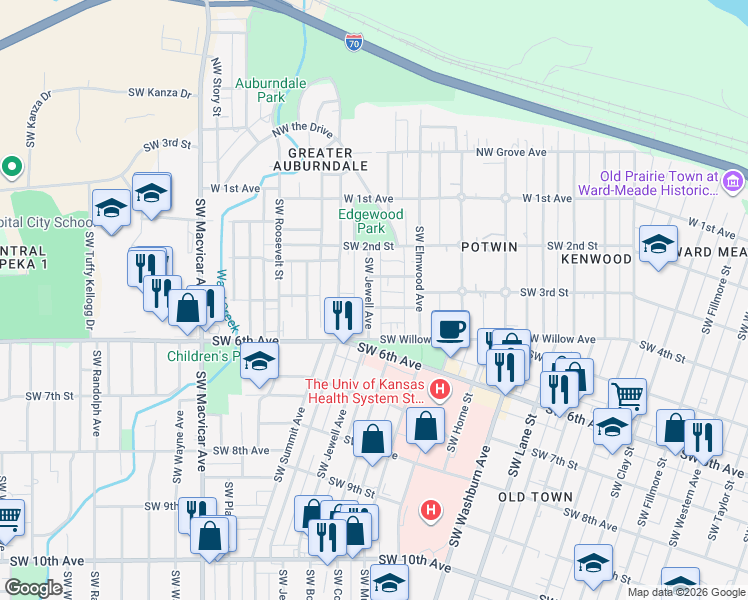 map of restaurants, bars, coffee shops, grocery stores, and more near 346 Southwest Jewell Avenue in Topeka