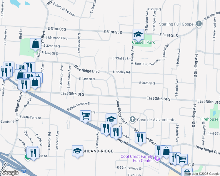 map of restaurants, bars, coffee shops, grocery stores, and more near 3409 South Cedar Avenue in Independence