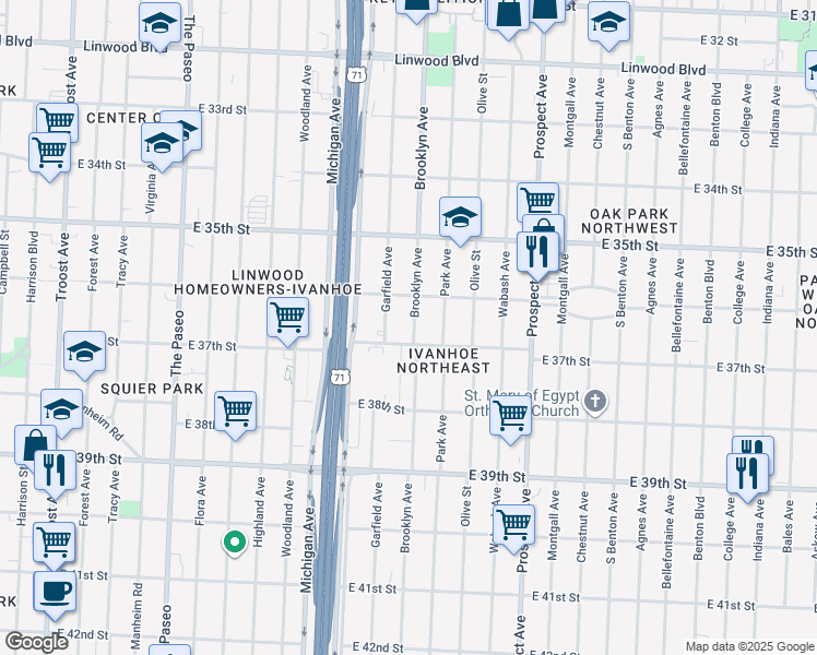 map of restaurants, bars, coffee shops, grocery stores, and more near 3634 Brooklyn Avenue in Kansas City