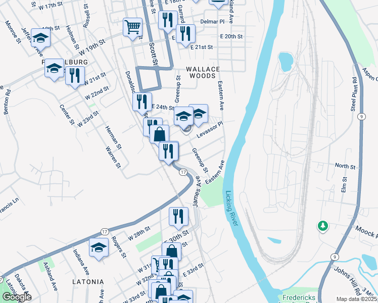 map of restaurants, bars, coffee shops, grocery stores, and more near 26 East 26th Street in Covington