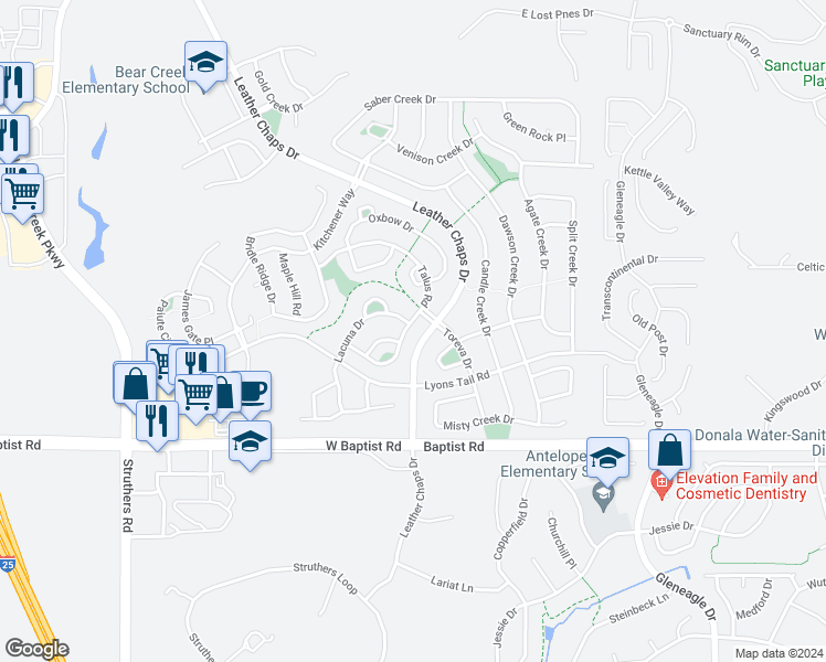map of restaurants, bars, coffee shops, grocery stores, and more near 265 Talus Road in Monument