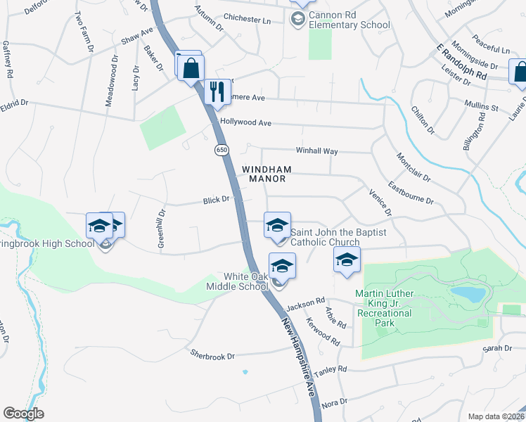 map of restaurants, bars, coffee shops, grocery stores, and more near 12404 Buckley Drive in Silver Spring