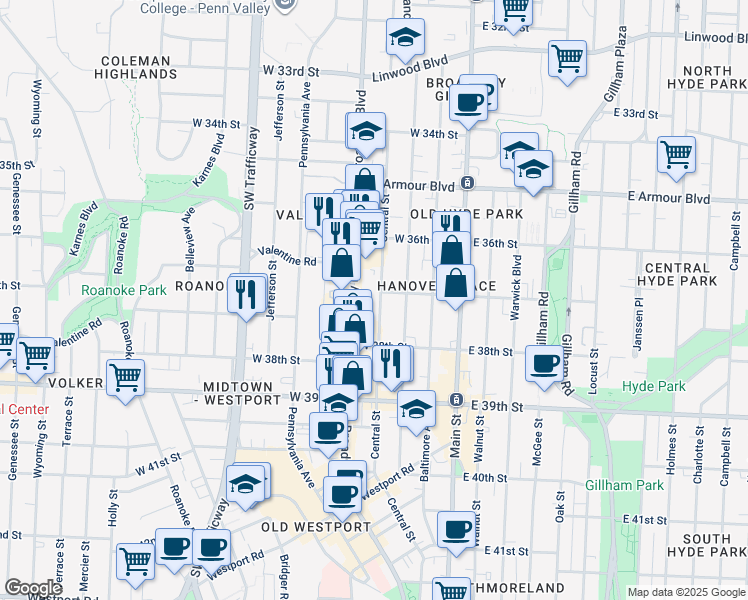 map of restaurants, bars, coffee shops, grocery stores, and more near 3701 Broadway Boulevard in Kansas City