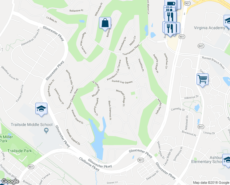 map of restaurants, bars, coffee shops, grocery stores, and more near 20047 Muirfield Village Ct in Ashburn