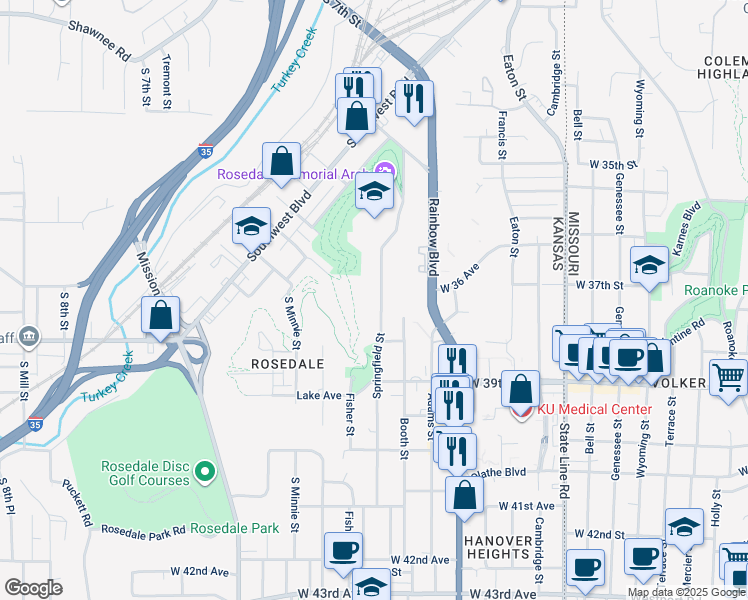 map of restaurants, bars, coffee shops, grocery stores, and more near 3724 Springfield Street in Kansas City