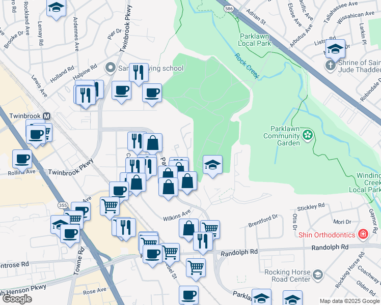 map of restaurants, bars, coffee shops, grocery stores, and more near 12317 Village Square Terrace in North Bethesda