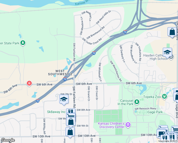 map of restaurants, bars, coffee shops, grocery stores, and more near 2a Presbyterian Manor Access Road in Topeka