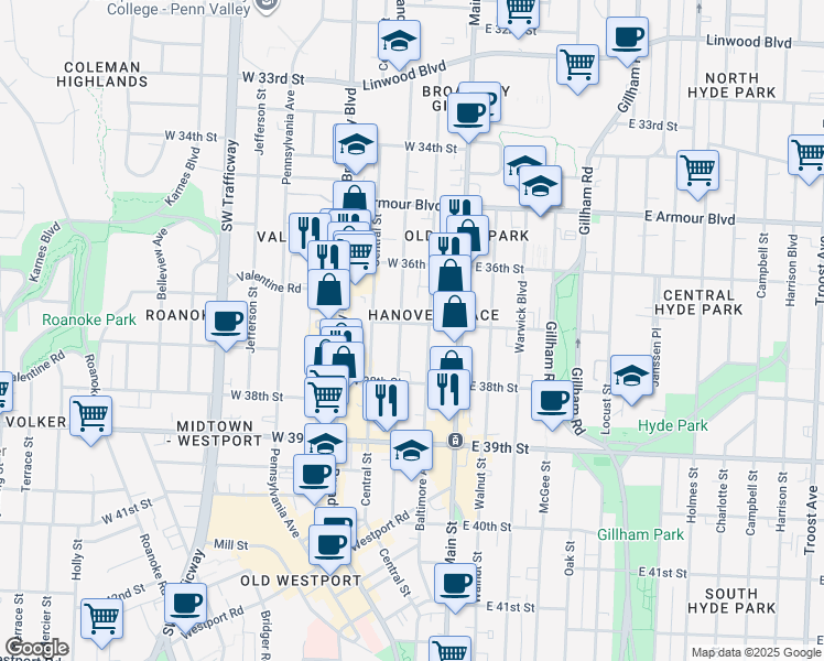 map of restaurants, bars, coffee shops, grocery stores, and more near 219 West 37th Street in Kansas City