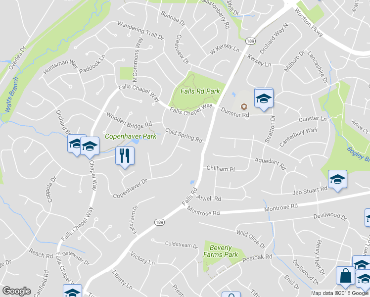 map of restaurants, bars, coffee shops, grocery stores, and more near 13 Over Ridge Court in Potomac