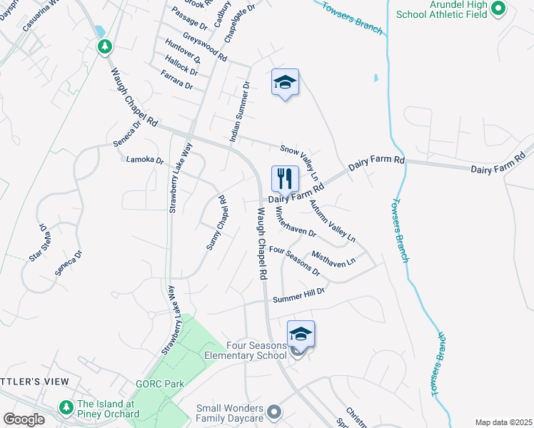 map of restaurants, bars, coffee shops, grocery stores, and more near 901 Waugh Chapel Road in Gambrills