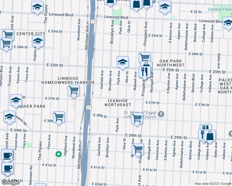 map of restaurants, bars, coffee shops, grocery stores, and more near 3624 Park Avenue in Kansas City