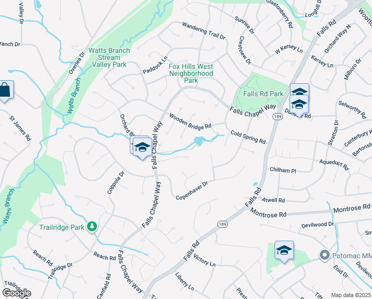 map of restaurants, bars, coffee shops, grocery stores, and more near Copenhaver Park in Potomac